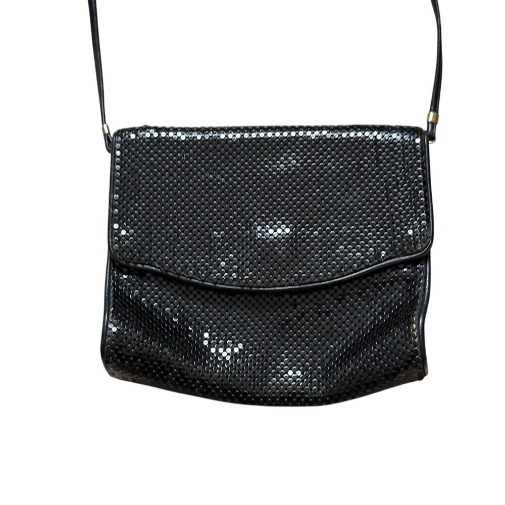 Whiting and Davis Black Mesh Evening Bag With Long Strap & Snap Closure